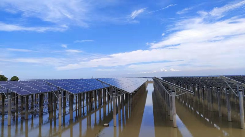 Ground-mounted solar array under a bright sky at a Bangladesh solar power plant