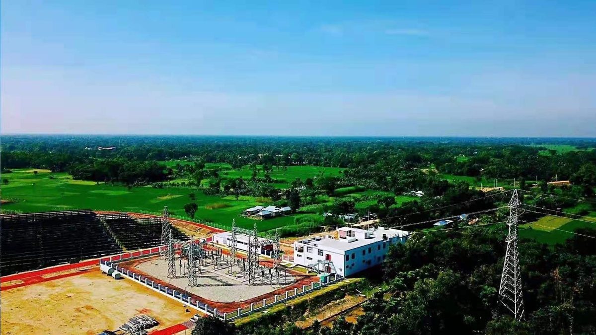 Aerial view of a utility-scale solar power plant and its substation in Bangladesh